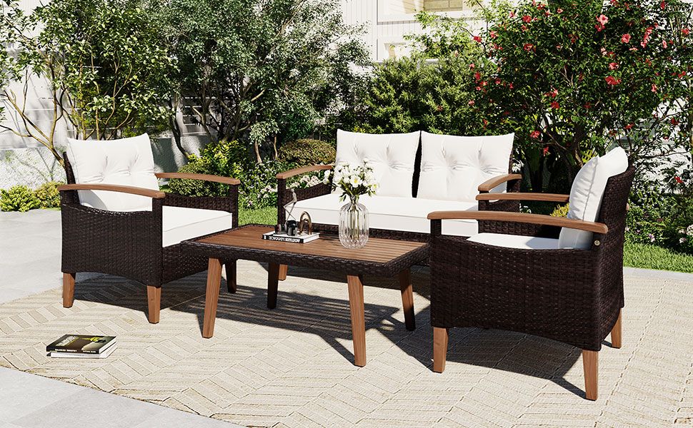GO 4-Piece Garden Furniture, Patio Seating Set, PE Rattan Outdoor Sofa Set, Wood Table and Legs, Brown and Beige