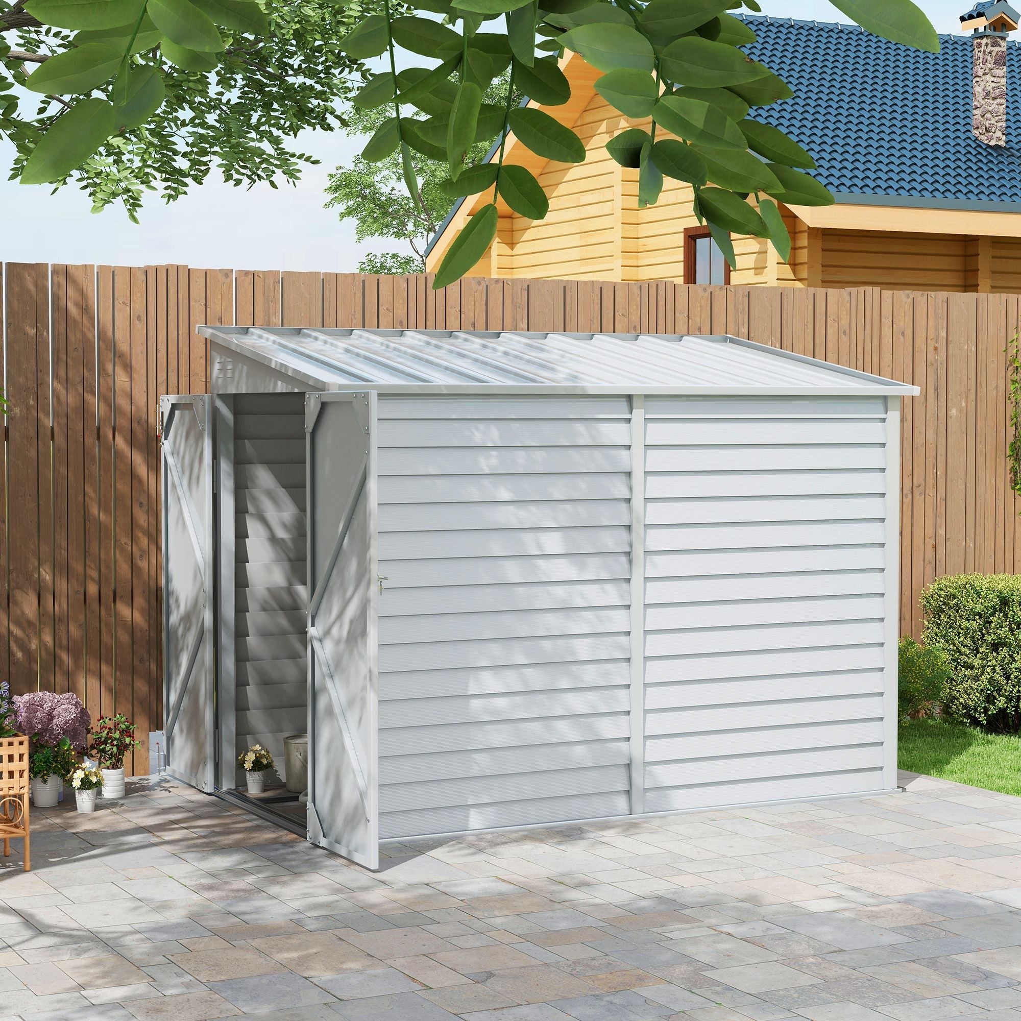 Outsunny 5' x 9' Outdoor Storage Shed, Lean to Shed with Foundation, Lockable Doors & Gloves for Patio Lawn Backyard, White