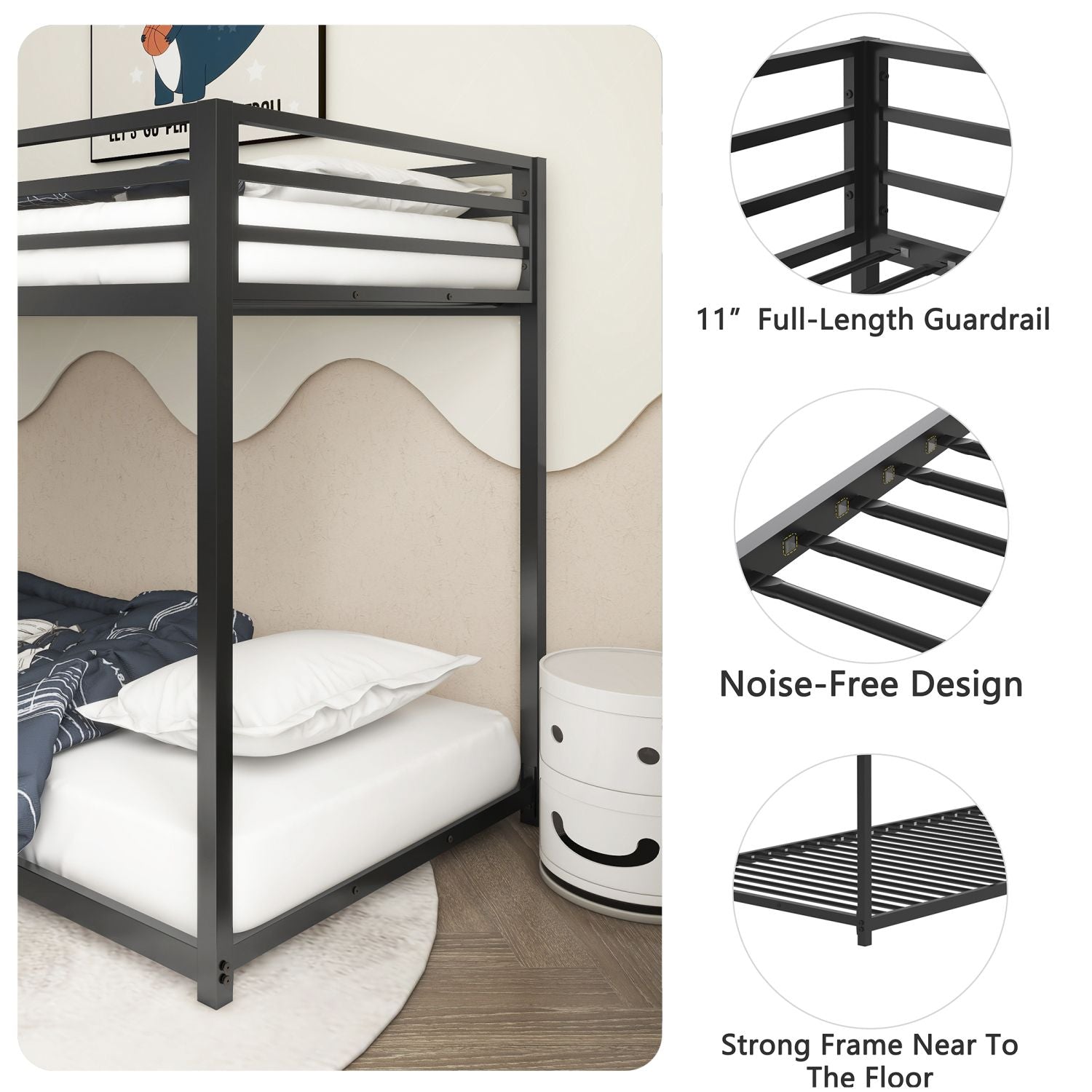 Adam Sturdy Twin over Twin Bunk Bed Metal Black for Kids and Adult, Low Profile Twin over twin bunk bed with Ladder and Guardrails, Easy Climbing, Beds for Bedroom, Same as original B083124170