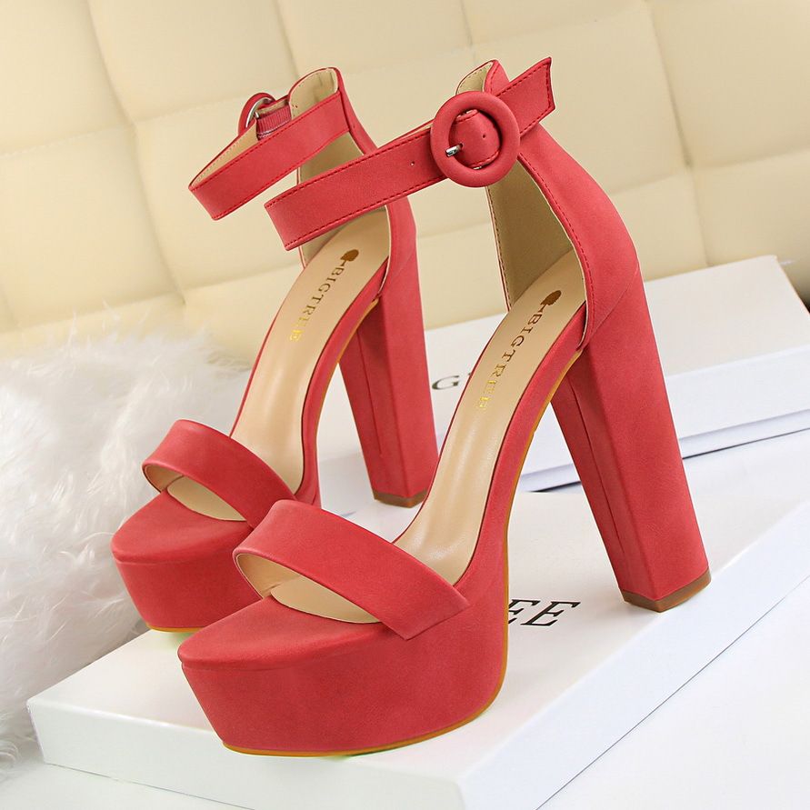 Women Pumps; Thick heel super thin high-heeled shoes; sexy women's shoes; open toe; belt buckle sandals