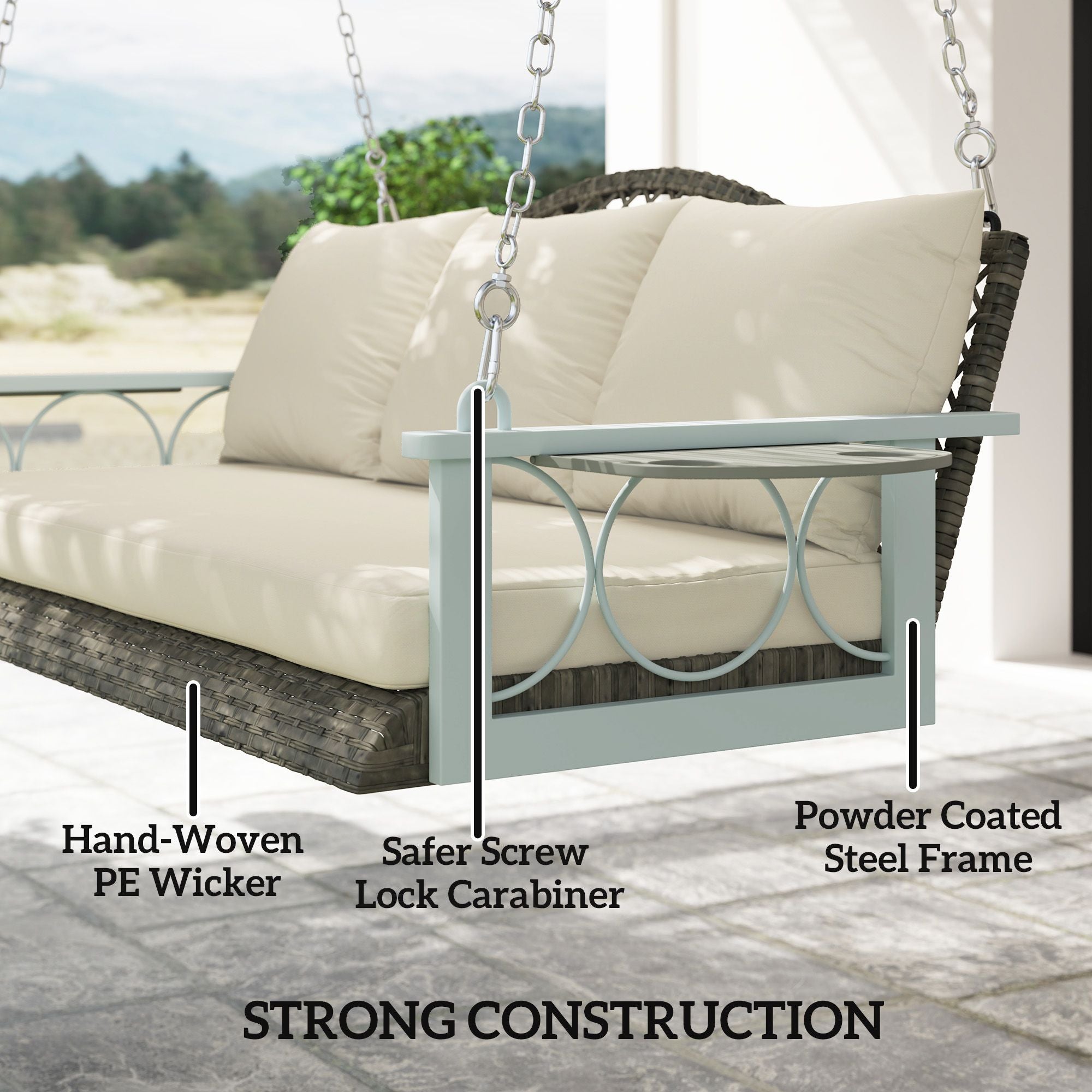 Outsunny 3 Person Wicker Hanging Outdoor Patio Porch Swing Bench with Cup Holders, Cushions, and Chains, Natural