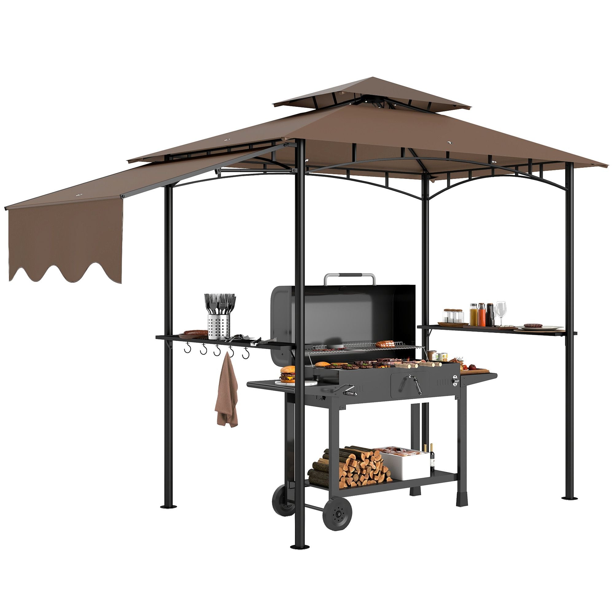Outsunny 8' x 5' Outdoor Grill Gazebo, Barbecue Gazebo Shelter with Side Awning, 2 Side Shelves and 6 Hooks, Brown