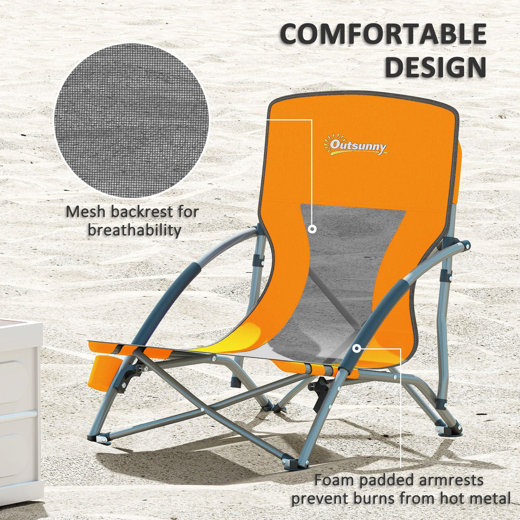 Set of 2 Folding Beach Chairs with Mesh Back, Carry Bag and Cup Holder for Outdoor Camping Lawn Sports Picnic, Orange