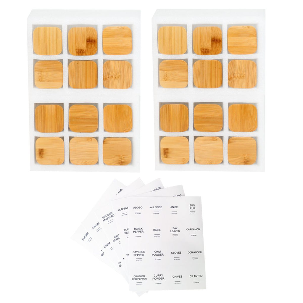 High Borosilicate Glass Spice Jar with Label and Bamboo Lid (24 x 8 Ounces), Spice Container with 72 Printed Labels and 20 Handwritten Labels, Empty Square Seasoning