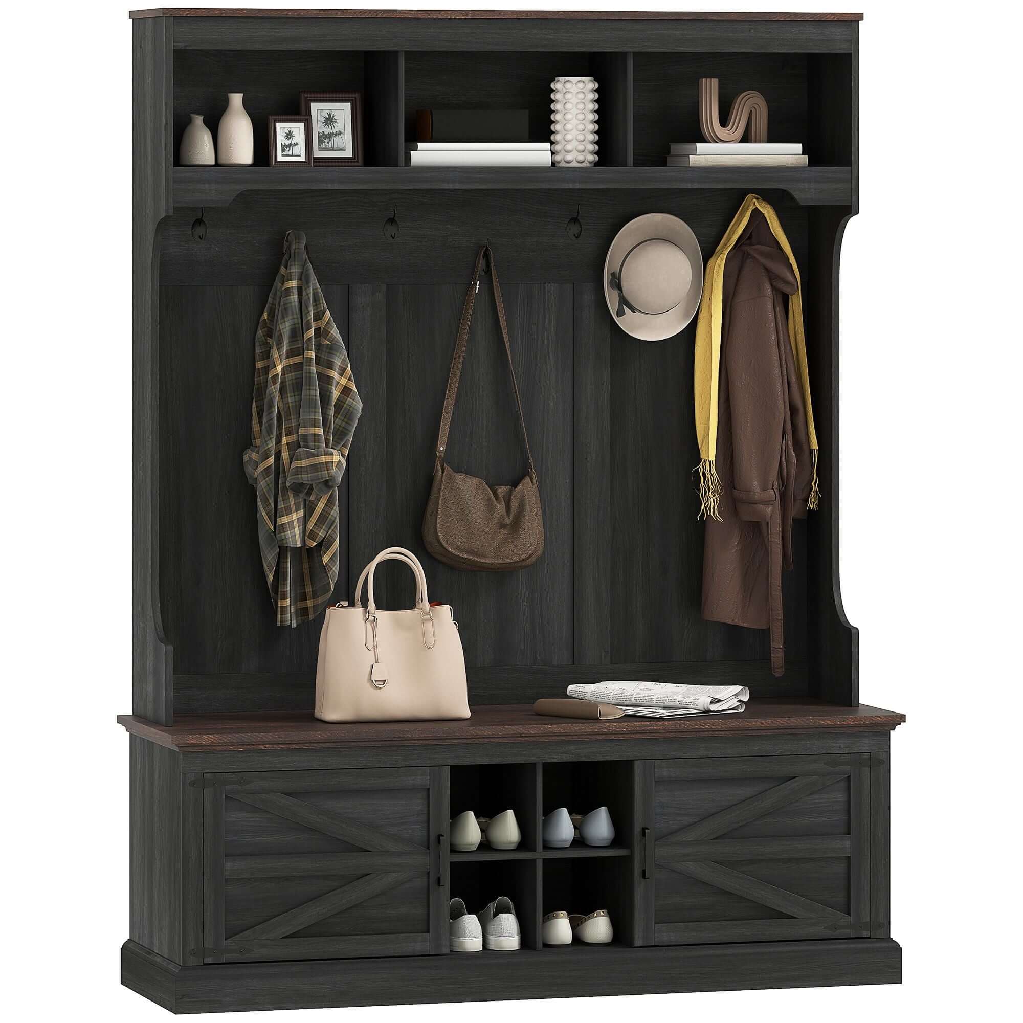 HOMCOM 3-in-1 Hall Tree with Shoe Storage, Coat Rack with Bench, Entryway Furniture with Hooks, Black Wood Grain