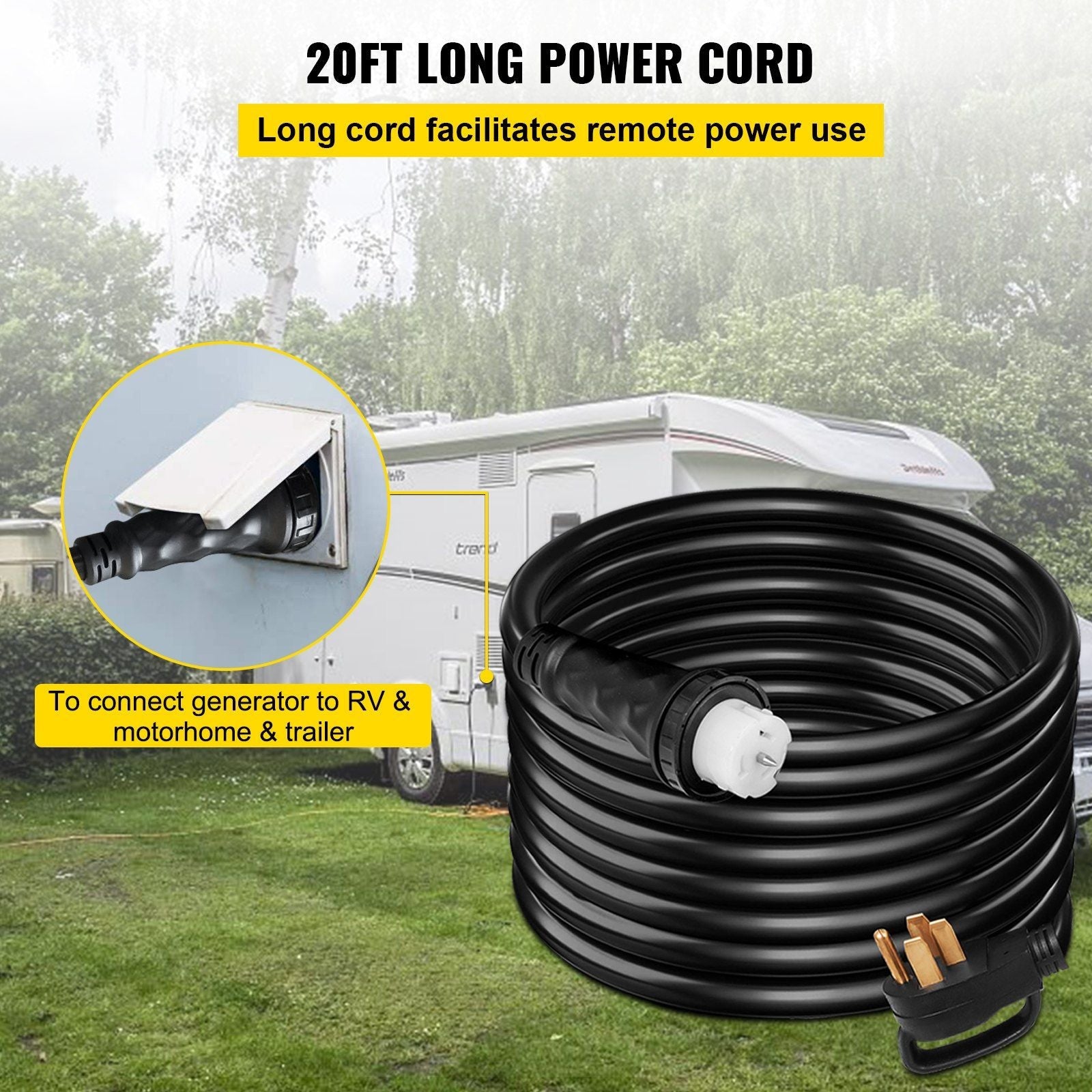 VEVOR 20Ft 50 Amp Generator Extension Cord STW 6/3 + 8/1 Generator Cord 125V 250V Generator Power Cord N14-50P & SS2-50R & CS6364 Twist Lock Connectors