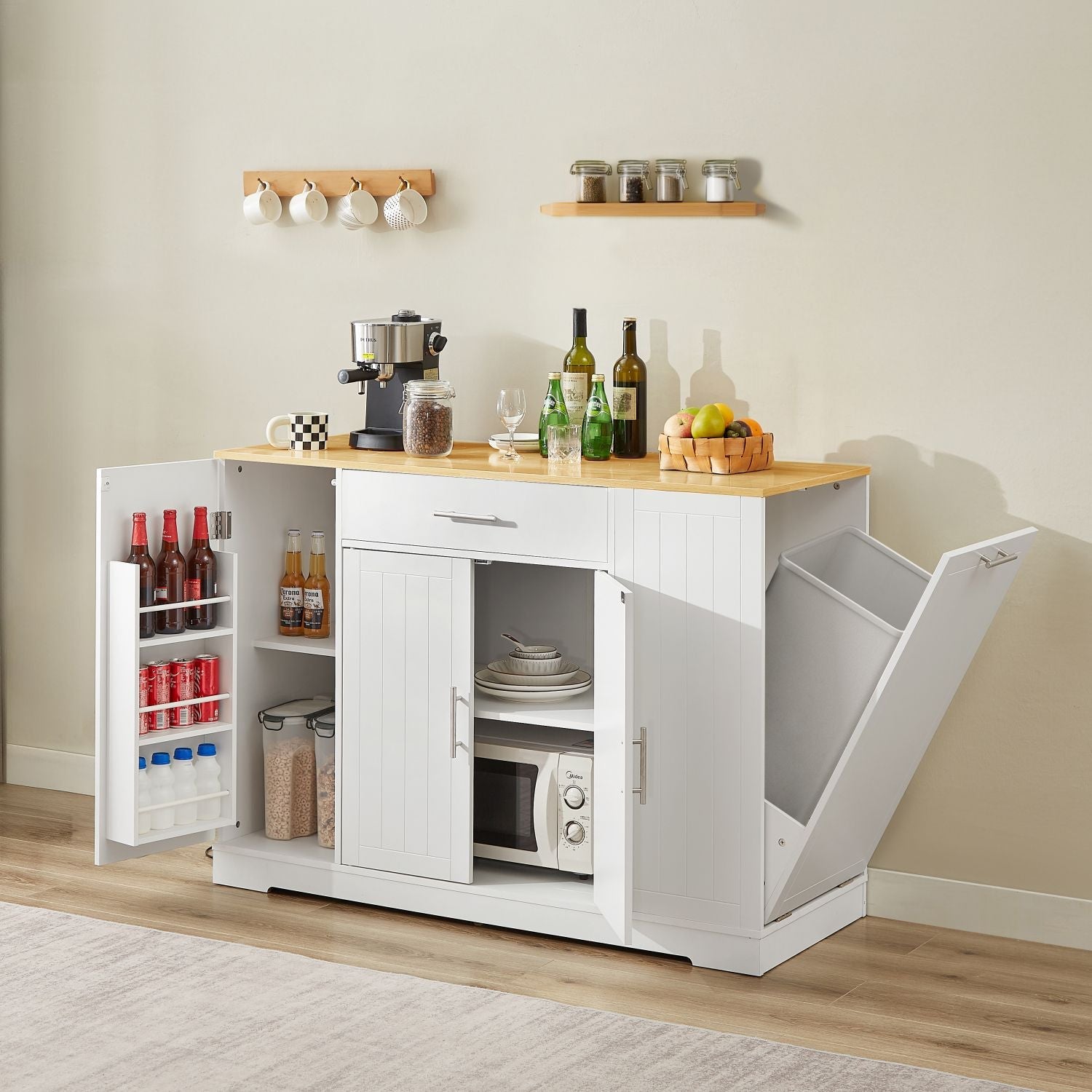 53'' Kitchen Storage Islands with Drawers and Trash Can Storage for Kitchen & Dining. Modern Farmhouse Design, White, 53.2"W x 20.9"D x 38.0"H.