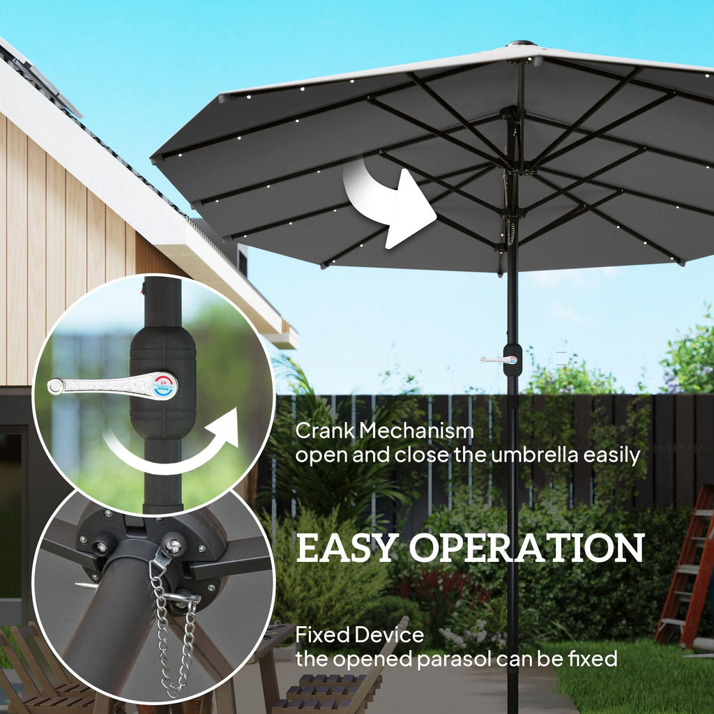 Outsunny Garden Parasol 14.4ft Double-Sided Sun Umbrella with Base, Patio Parasol with LED Solar Lights, Gray