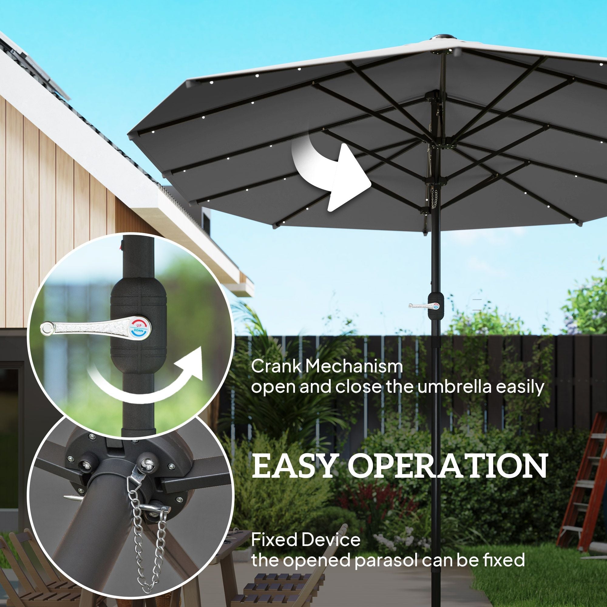 Outsunny Garden Parasol 14.4ft Double-Sided Sun Umbrella with Base, Patio Parasol with LED Solar Lights, Gray