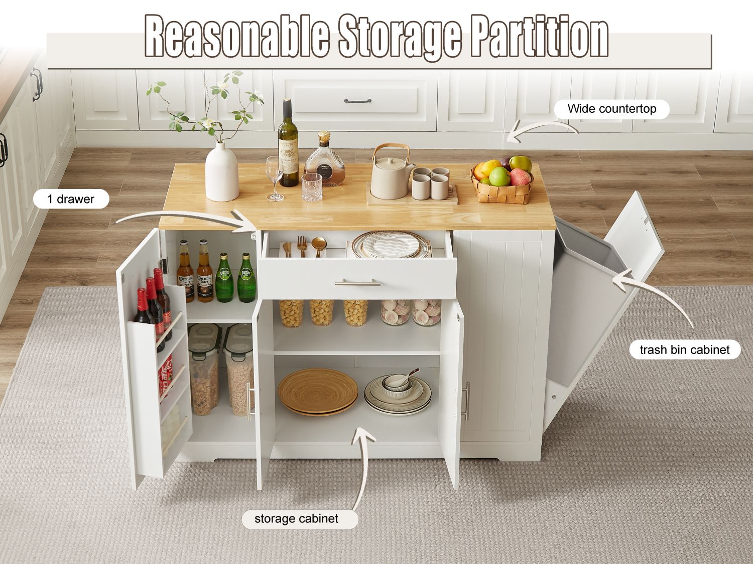 53'' Kitchen Storage Islands with Drawers and Trash Can Storage for Kitchen & Dining. Modern Farmhouse Design, White, 53.2"W x 20.9"D x 38.0"H.