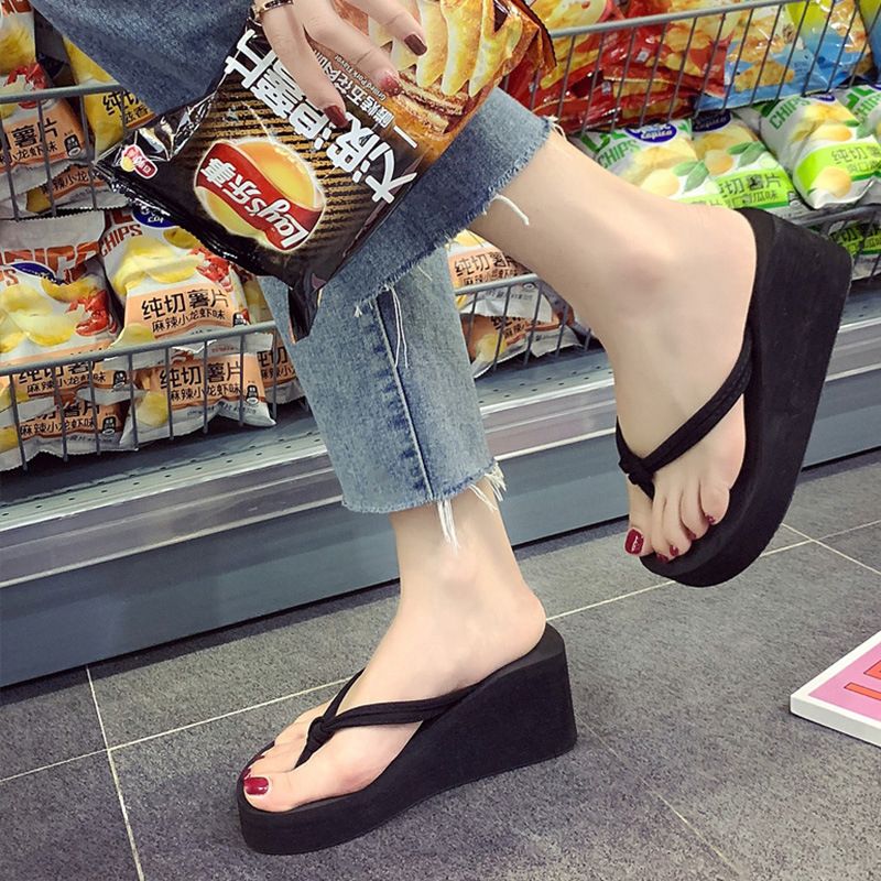 Flip-flops For Women Summer Fashion Casual Outer Wear High-heeled Flip-flops Ins Trendy Non-slip Slope Heel Seaside Beach Sandal