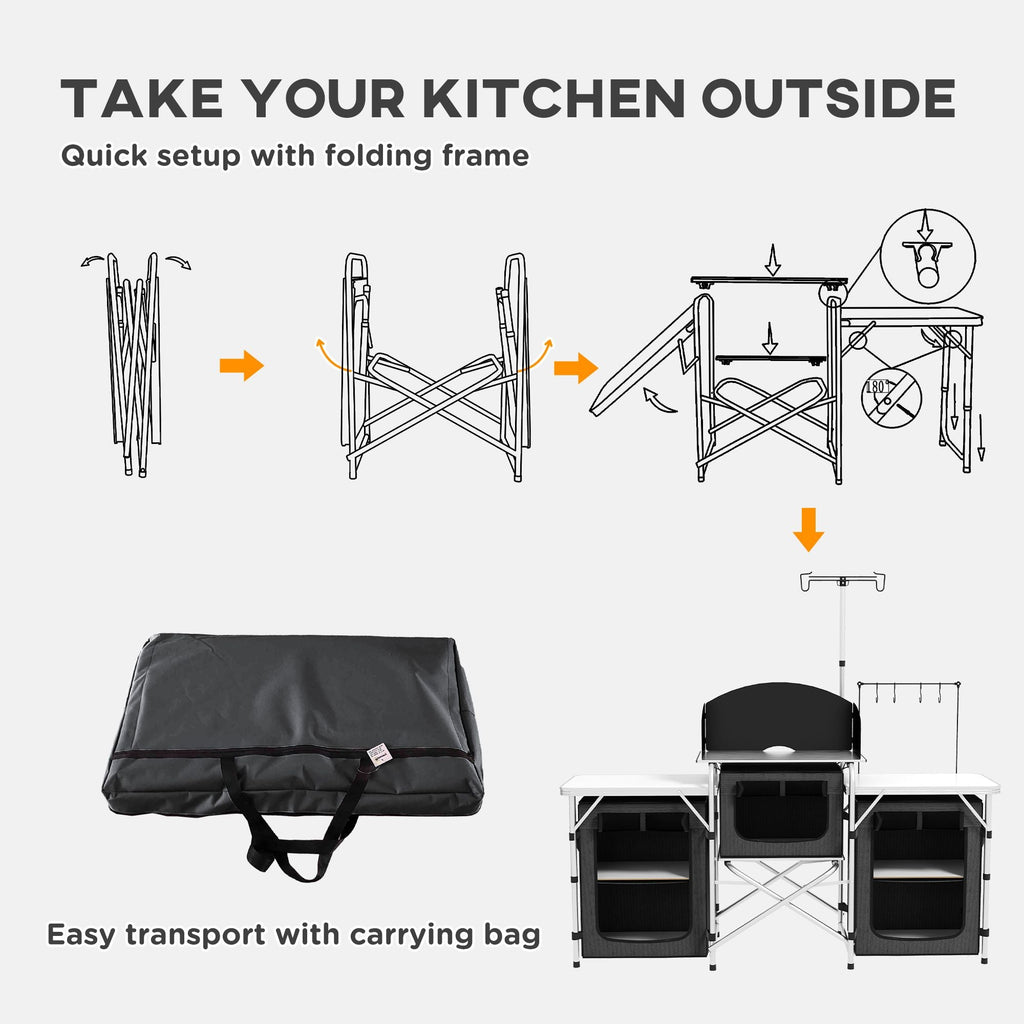 Portable Camping Kitchen Table with Storage Windshield for BBQ Picnic Black