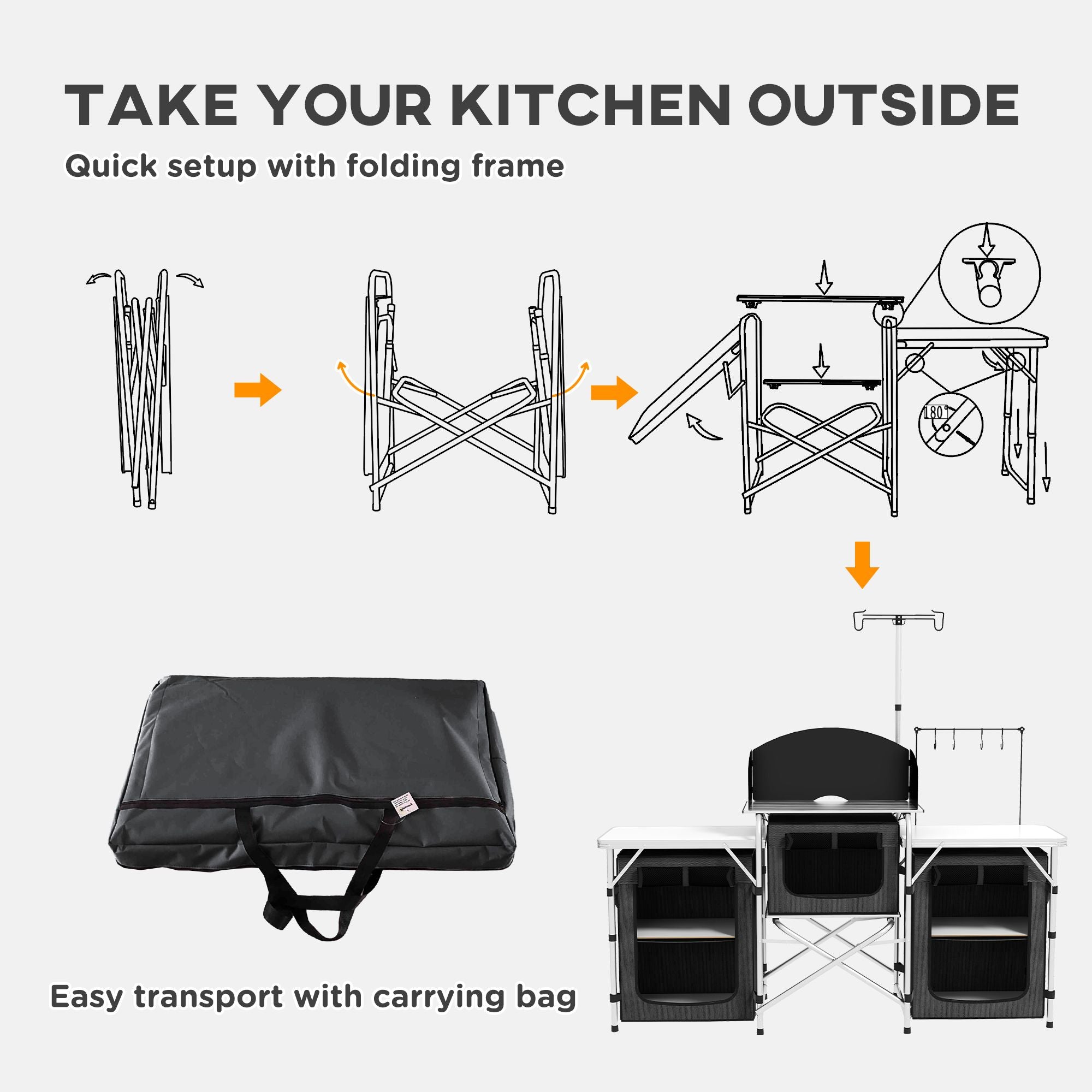 Portable Camping Kitchen Table with Storage Windshield for BBQ Picnic Black
