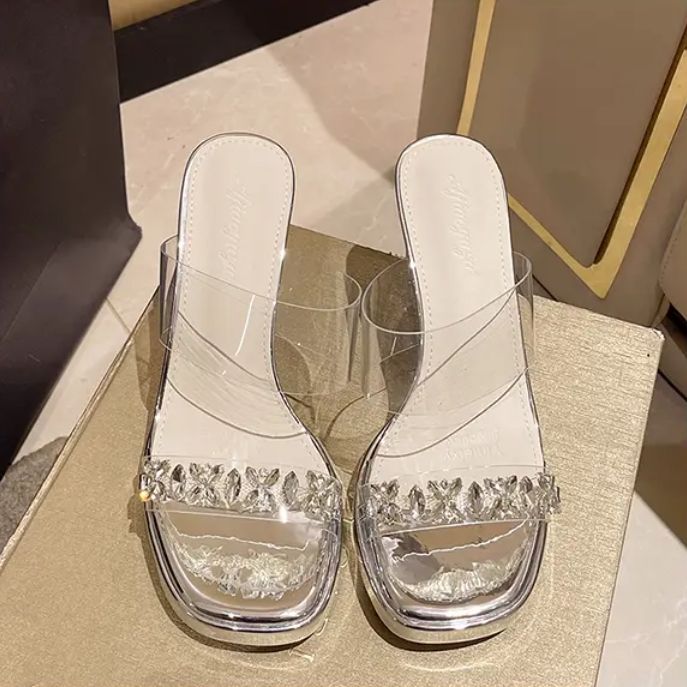 Summer new waterproof table with high heel slippers crystal chunky sandals transparent high heels women