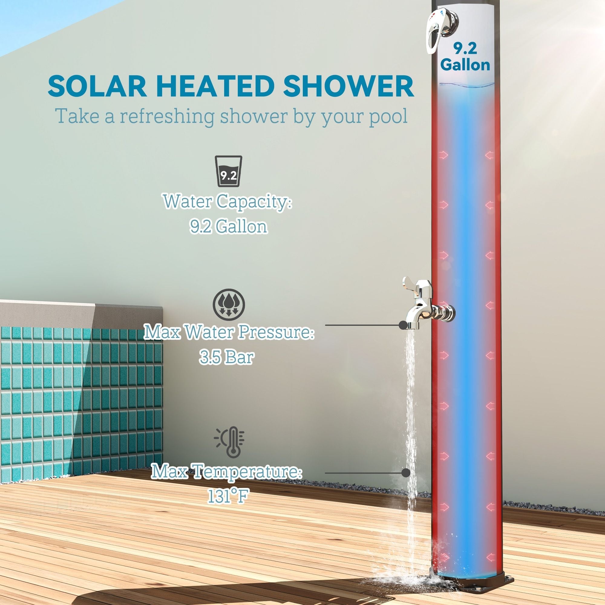 7.1FT Slolar Heated Outdoor Shower, 9.2 Gal Outdoor Solar Shower for Backyard Poolside Beach Spa