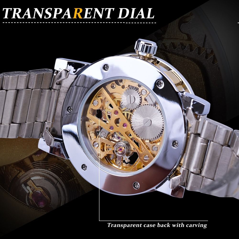 Watch men's fashion casual classic popular skeleton rhinestone manual mechanical watch