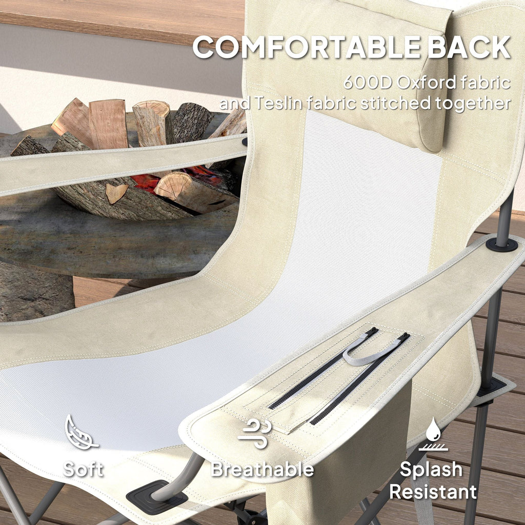 Folding Rocking Camping Chairs, Portable Chairs with Headrest, Cooler Bag, Cup Holder, Carry Bag, 2 Pack, Cream