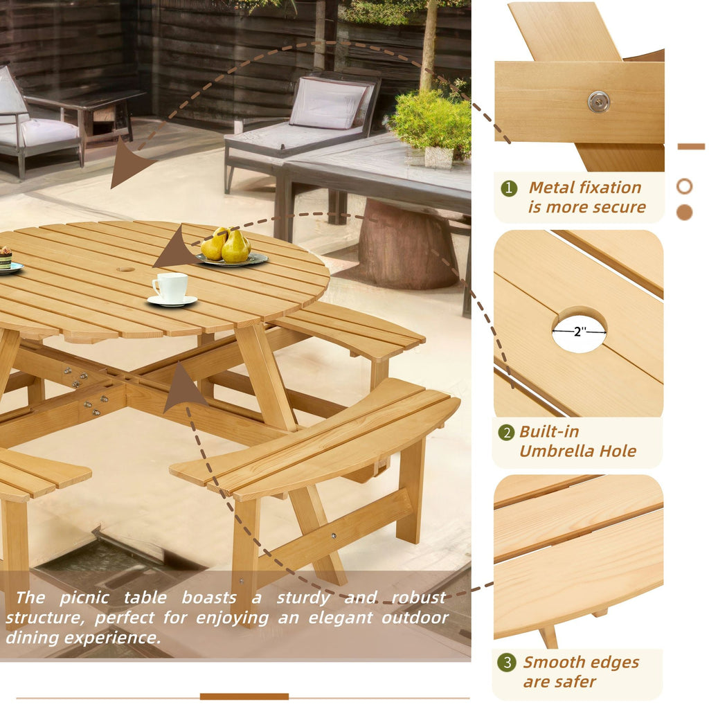Outdoor 6 Person Picnic Table, 6 person Round Picnic Table with 3 Built-in Benches, Umbrella Hole, Outside Table and Bench Set for Garden, Backyard, Porch, Patio, Natural