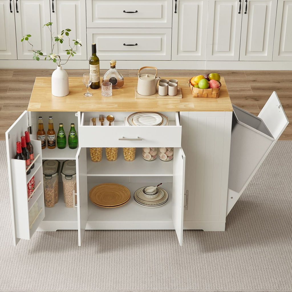 53'' Kitchen Storage Islands with Drawers and Trash Can Storage for Kitchen & Dining. Modern Farmhouse Design, White, 53.2"W x 20.9"D x 38.0"H.