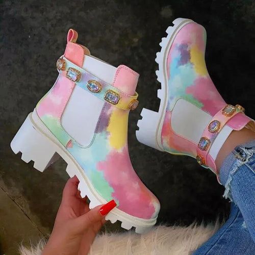 Luxury Ankle Boots Autumn Winter Rhinestone Rainbow Short Boots Women