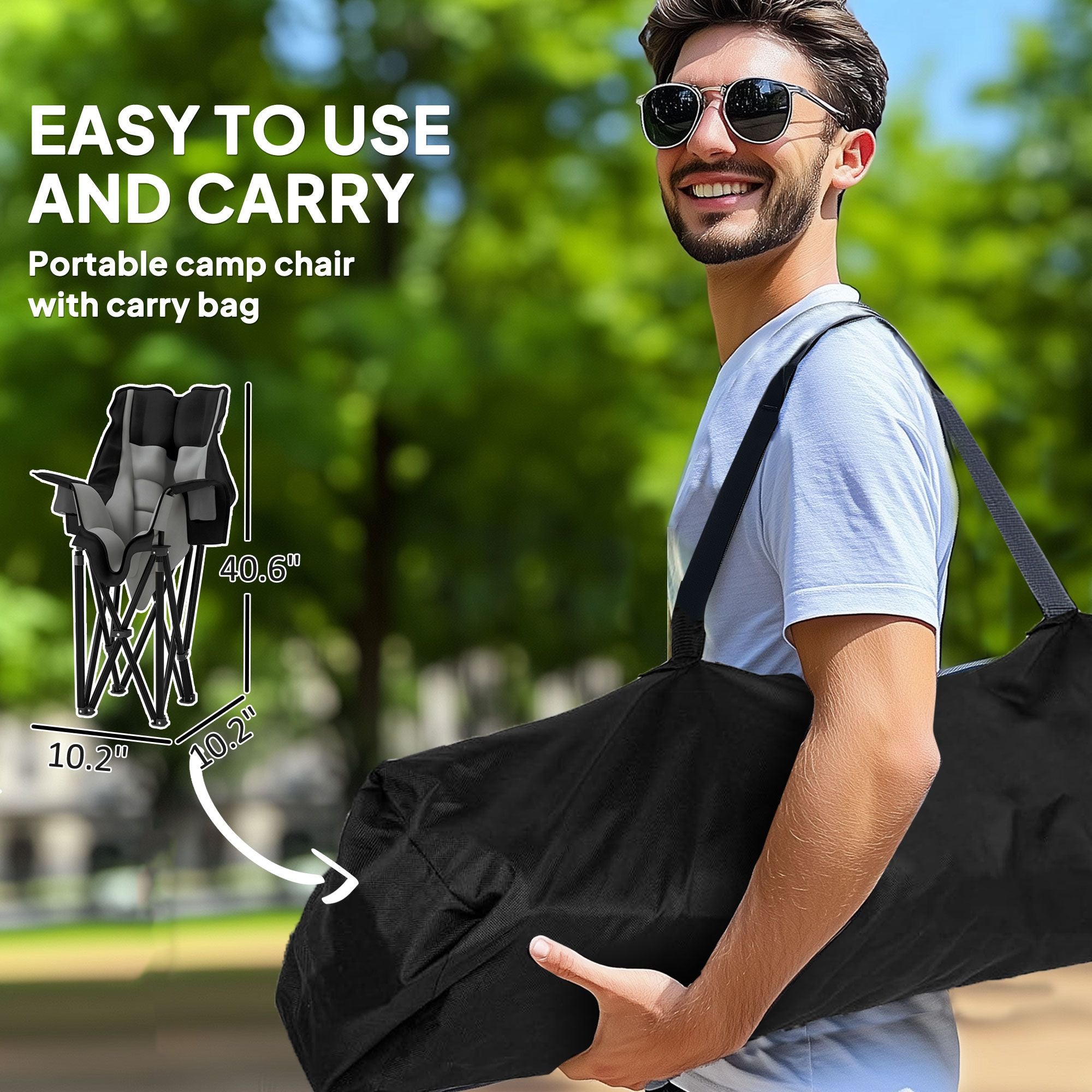 Padded Camping Chair for Adults, Portable Folding Camping Chair with Side Pockets, Cup Holders, Carry Bag, Gray