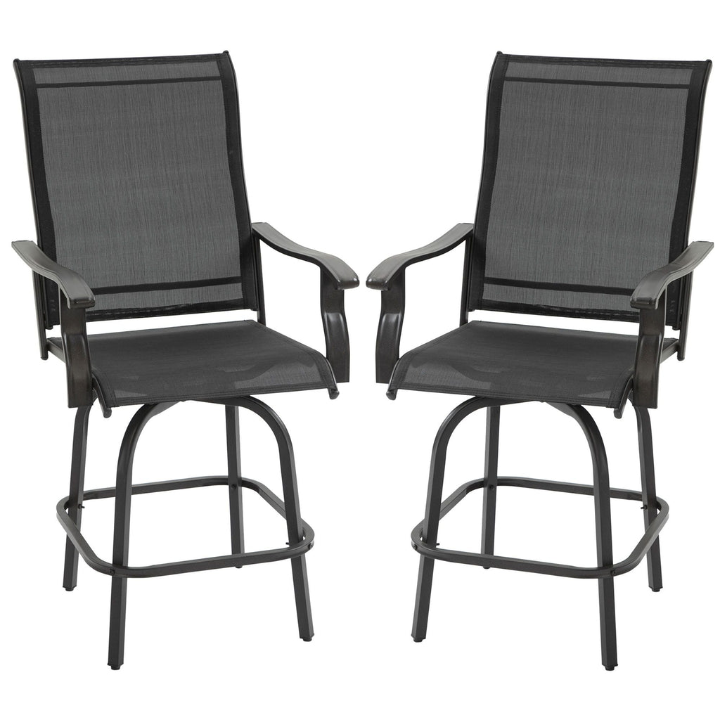 Outsunny Set of 2 Outdoor Swivel Bar Stools with Armrests, Bar Height Patio Chairs with Steel Frame for Balcony, Poolside, Backyard, Black