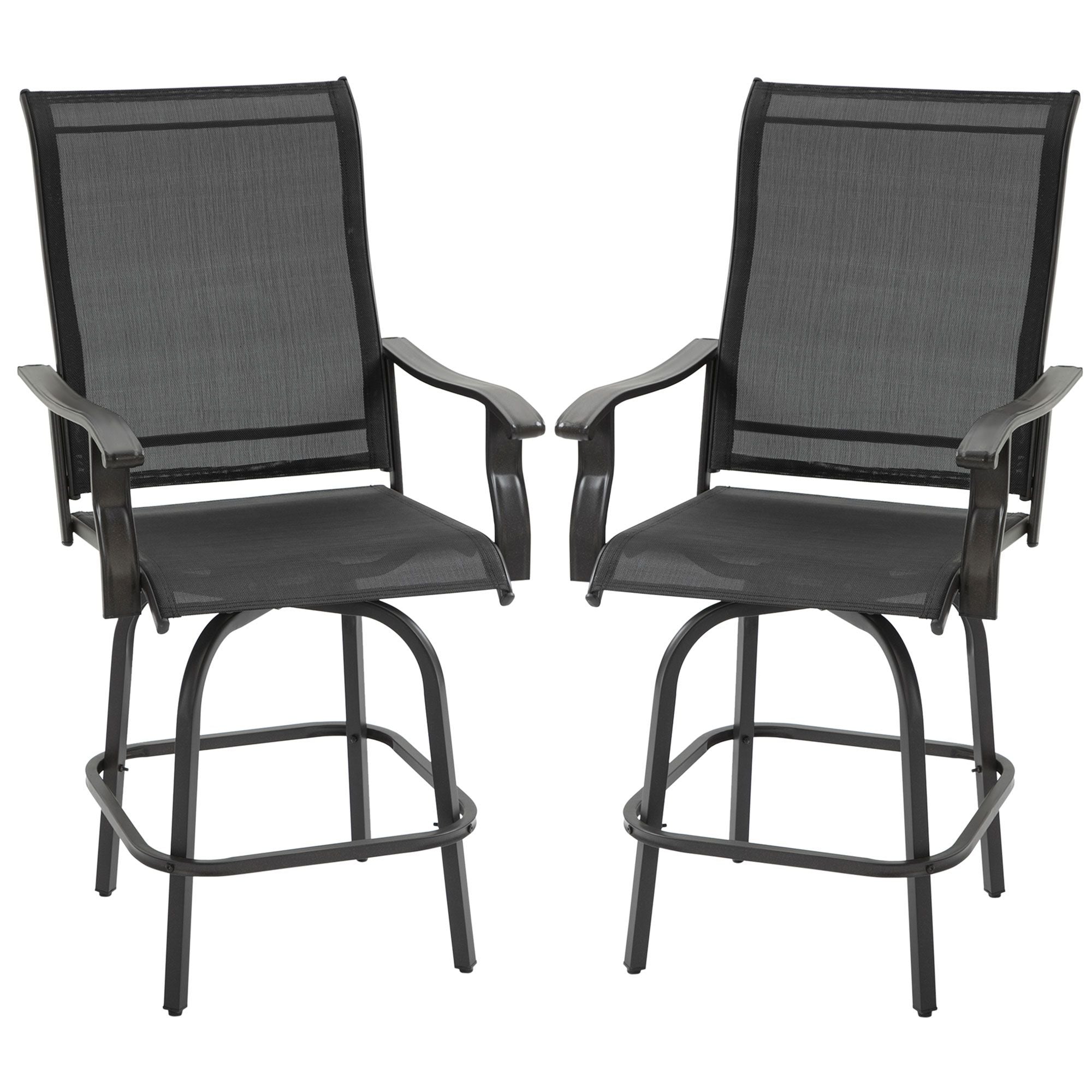 Outsunny Set of 2 Outdoor Swivel Bar Stools with Armrests, Bar Height Patio Chairs with Steel Frame for Balcony, Poolside, Backyard, Black