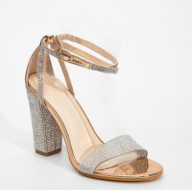 2024 summer women's new rhinestone chunky high heel one line buckle outdoor fashion sexy high heel sandals