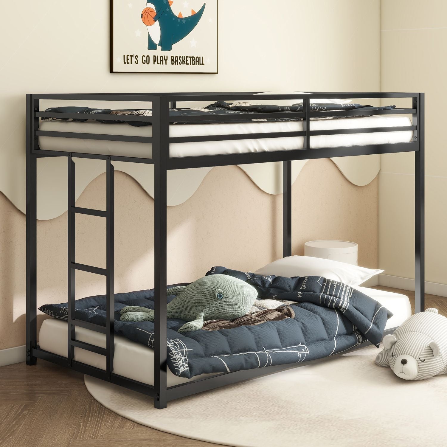 Adam Sturdy Twin over Twin Bunk Bed Metal Black for Kids and Adult, Low Profile Twin over twin bunk bed with Ladder and Guardrails, Easy Climbing, Beds for Bedroom, Same as original B083124170