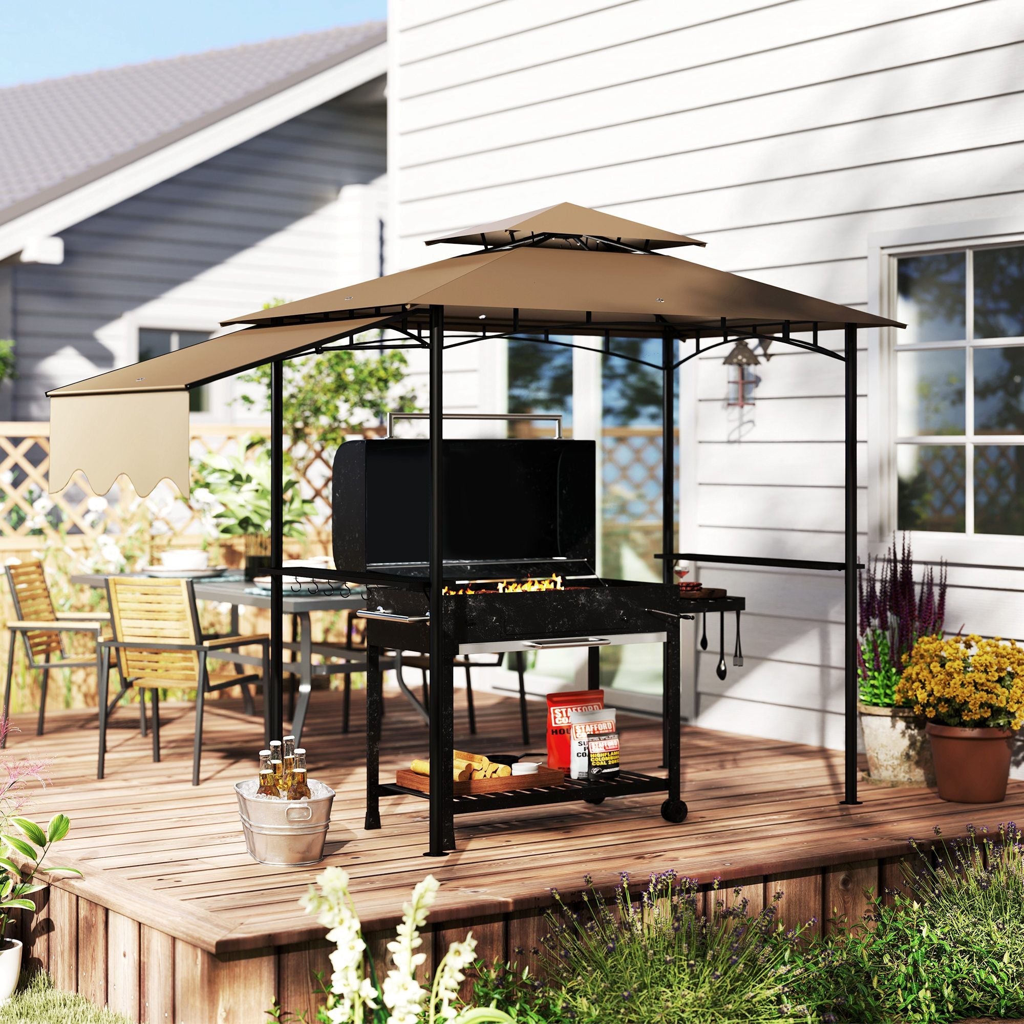 Outsunny 8' x 5' Outdoor Grill Gazebo, Barbecue Gazebo Shelter with Side Awning, 2 Side Shelves and 6 Hooks, Brown