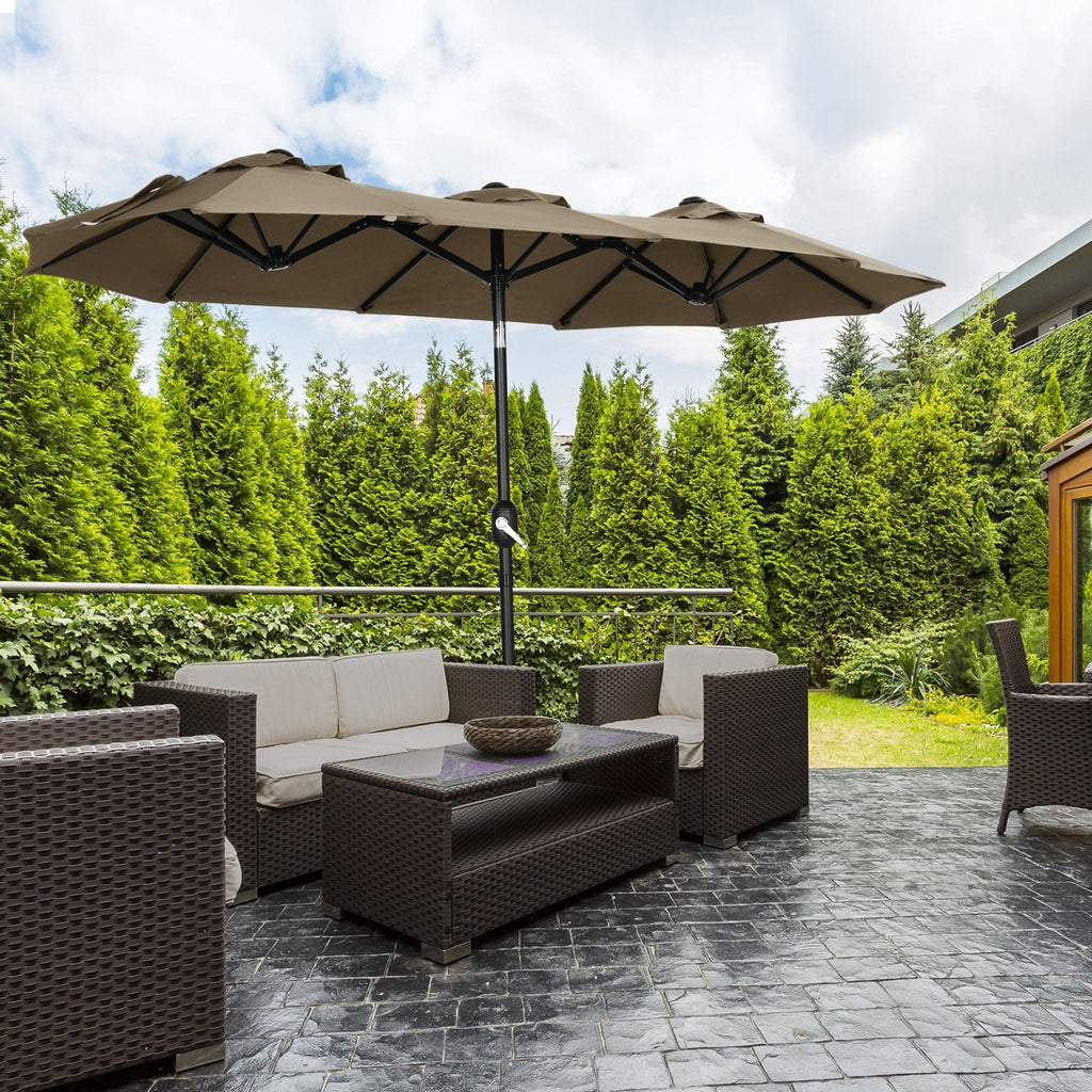 Outsunny Double-sided Patio Umbrella 9.5' Large Outdoor Market Umbrella with Push Button Tilt and Crank, 3 Air Vents and 12 Ribs, for Garden, Deck, Pool, Gray