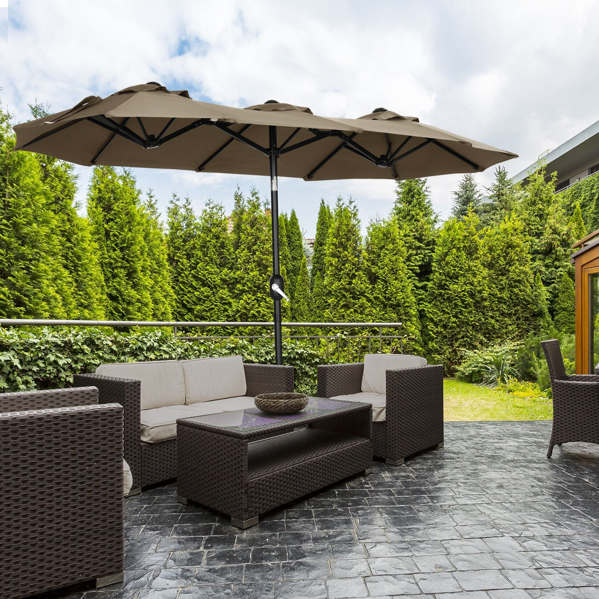 Outsunny Double-sided Patio Umbrella 9.5' Large Outdoor Market Umbrella with Push Button Tilt and Crank, 3 Air Vents and 12 Ribs, for Garden, Deck, Pool, Gray