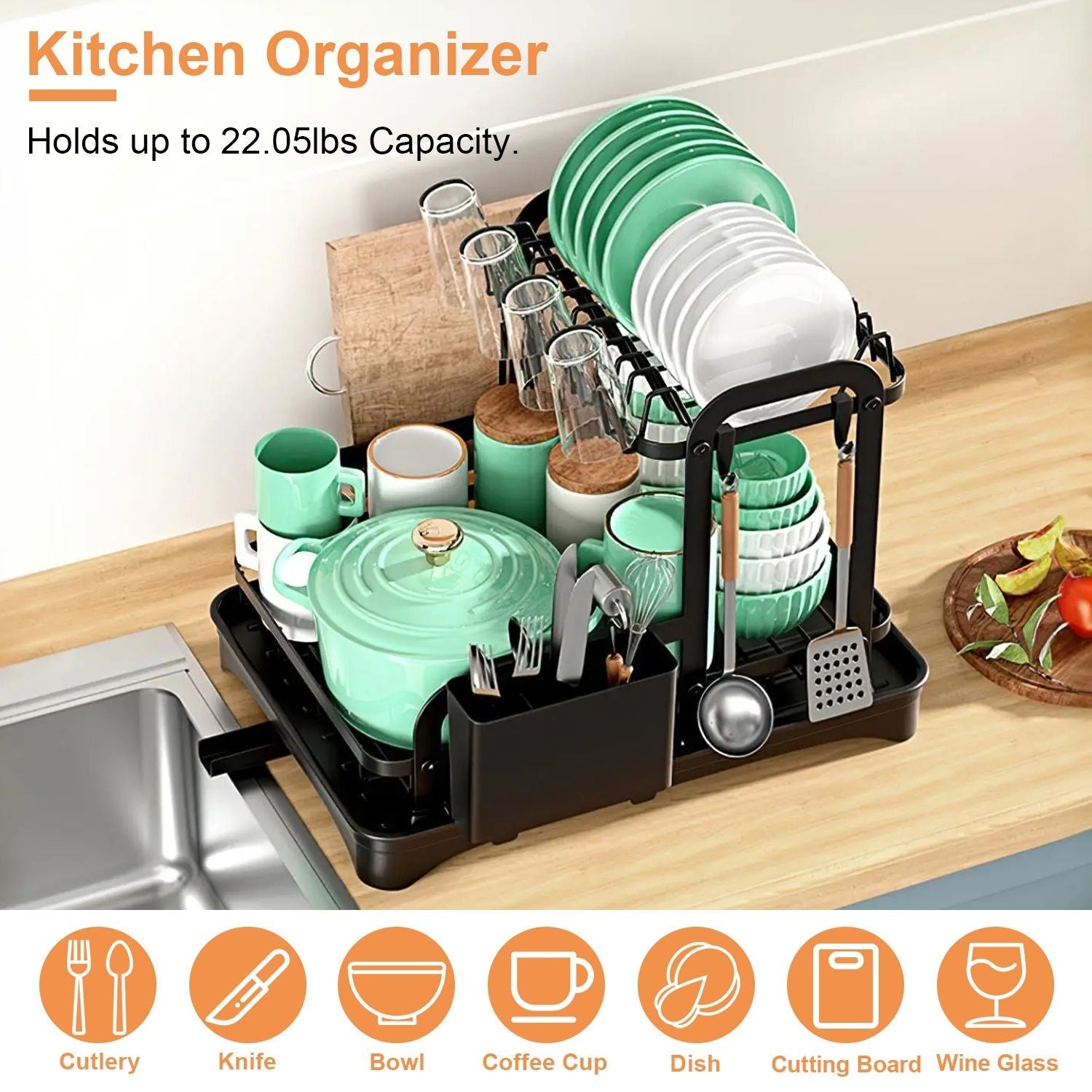 2-Tier Dish Drying Rack for Kitchen Counter Space Saving Rustproof Dish Rack with Drainboard Detachable Kitchen Drainer Organizer Set