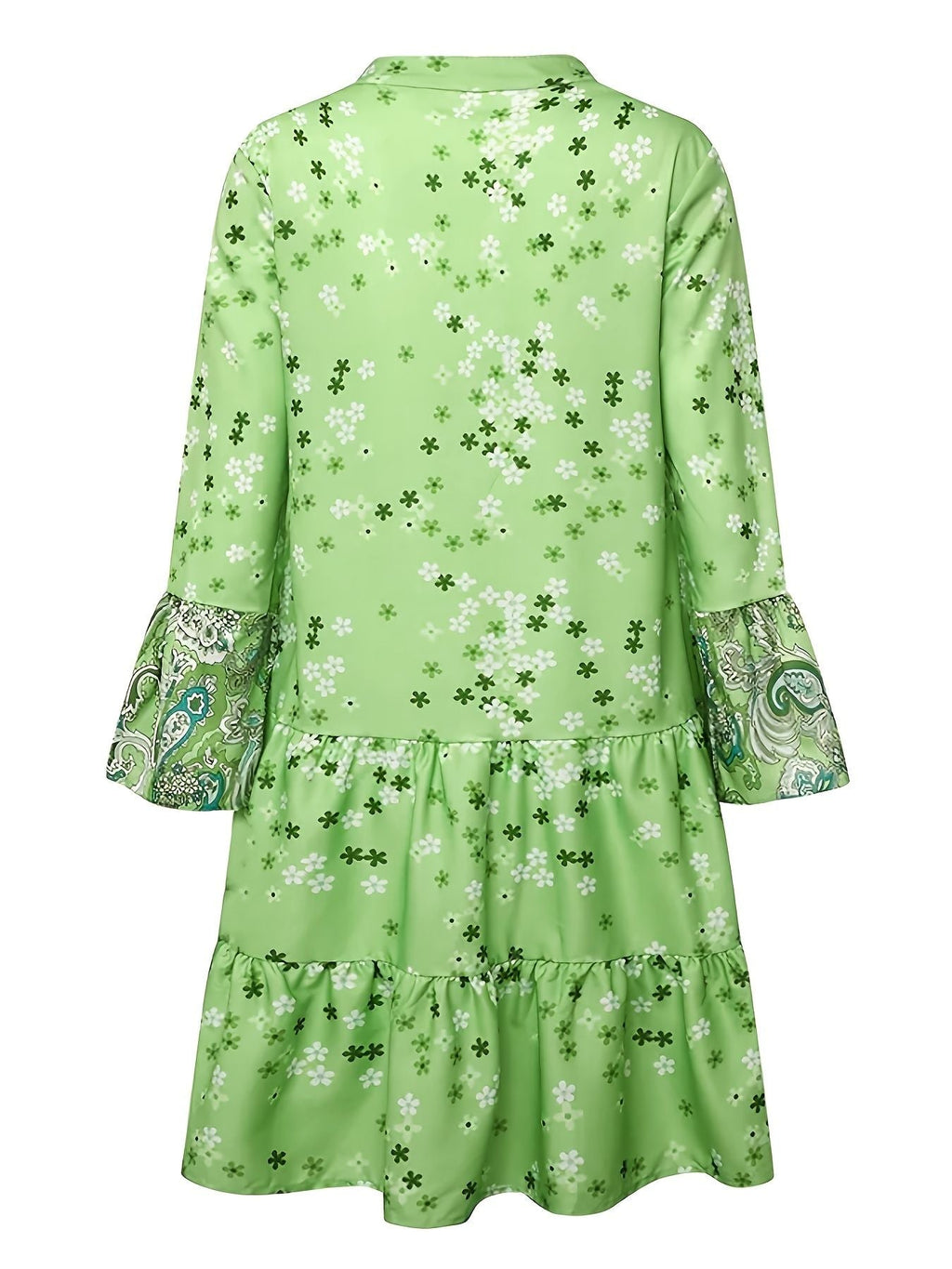 Floral Print Ruffle Hem Dress; Boho Holiday Long Sleeve V-neck Dress; Women's Clothing