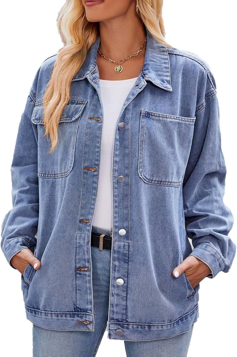 Womens Jean Jackets Long Sleeve Fashion Button Down Denim Jacket with Pockets