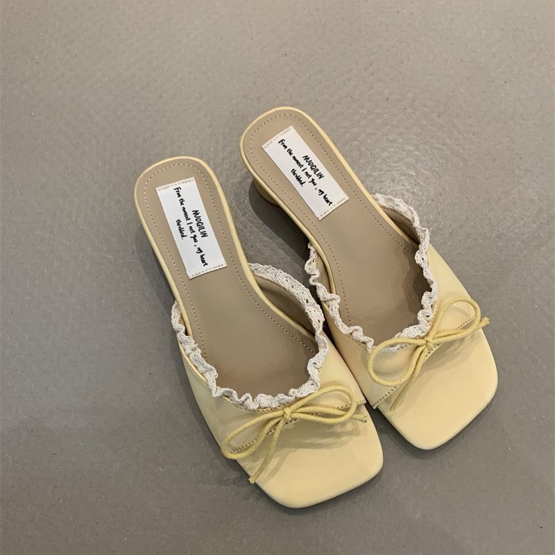 Designer Summer Butterfly-knot Lace Women Slippers Casual Thick Low Heel Dress Street Style Slides