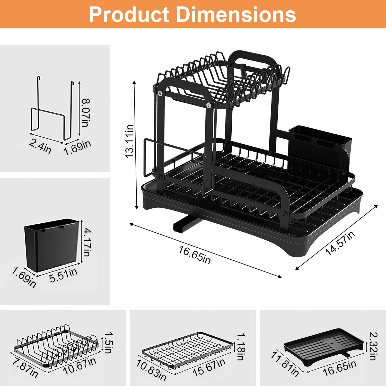 2-Tier Dish Drying Rack for Kitchen Counter Space Saving Rustproof Dish Rack with Drainboard Detachable Kitchen Drainer Organizer Set