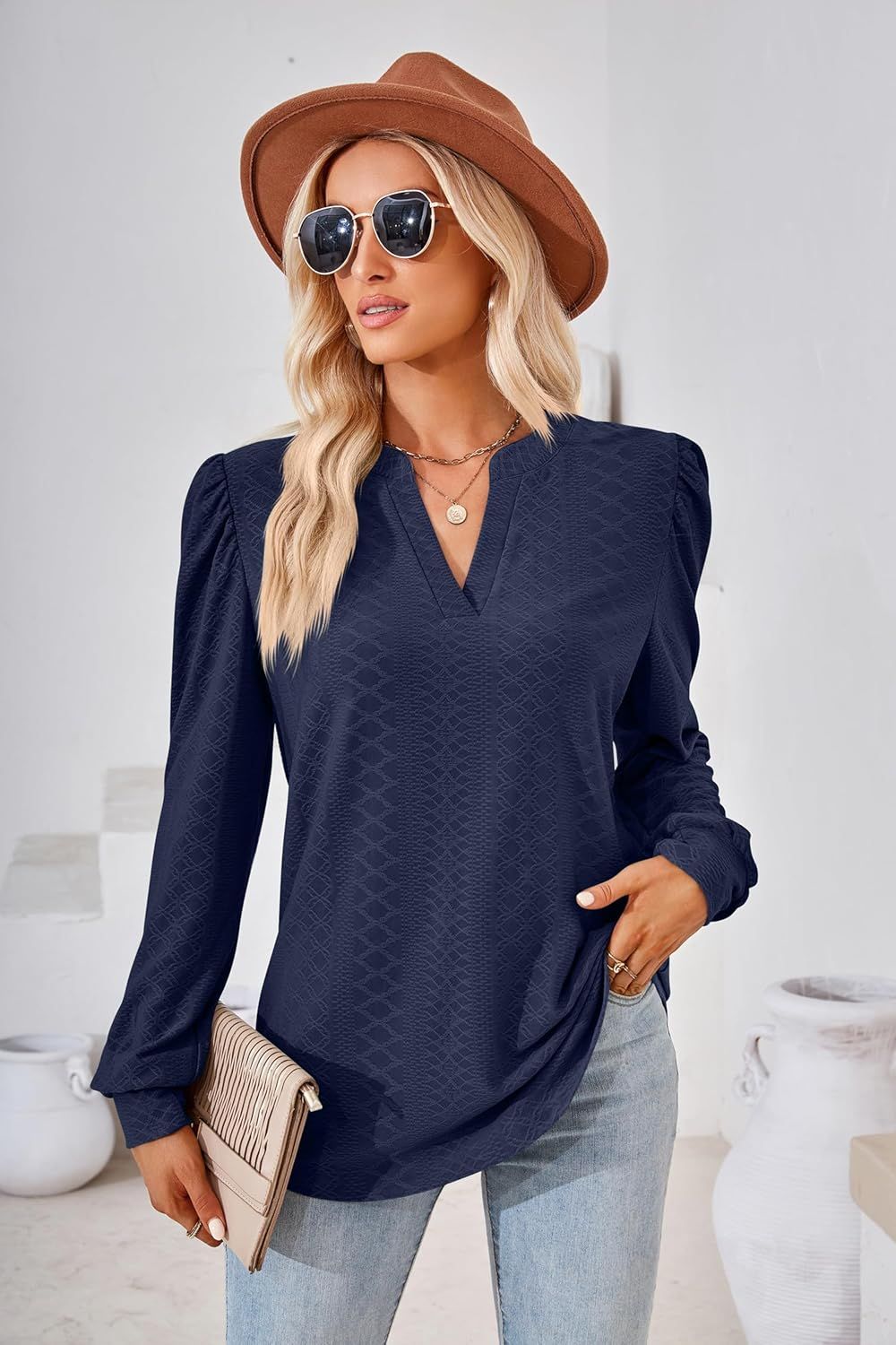 Women Tops Blouse Causal Shirts Puff Long Sleeve Tunic V Neck