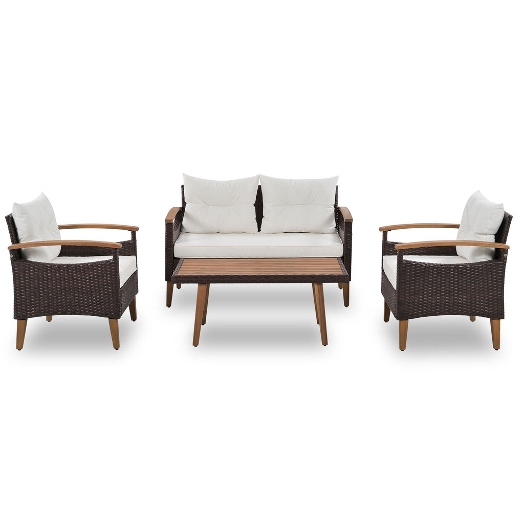 GO 4-Piece Garden Furniture, Patio Seating Set, PE Rattan Outdoor Sofa Set, Wood Table and Legs, Brown and Beige