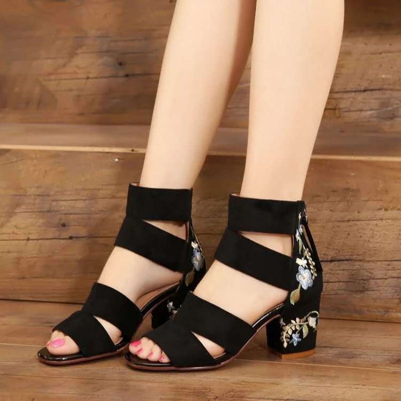 Ethnic Style Embroidered Mid-heel Sandals, Summer Casual Thick Heels Elegant Vintage Open-toed Embroidered Shoes, Women's Shoes