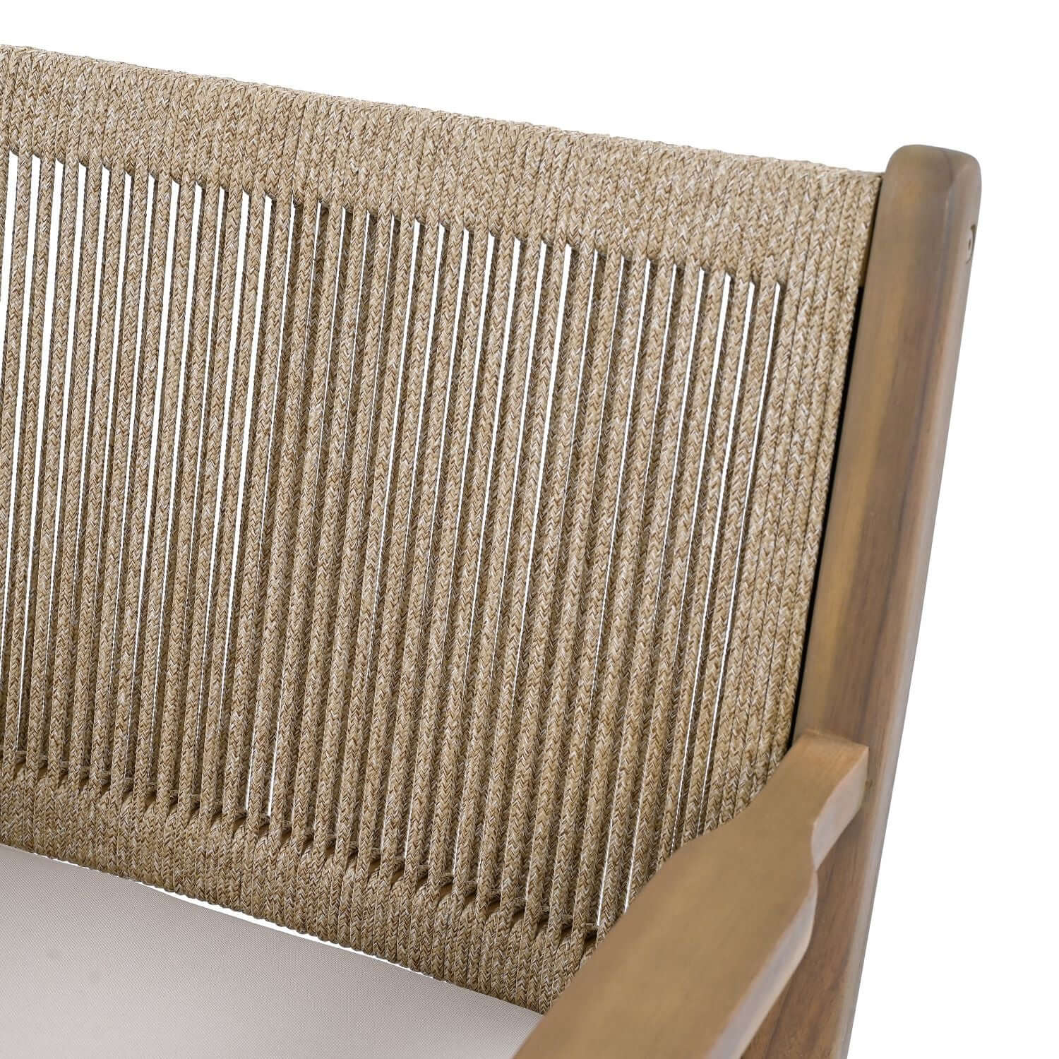 Outdoor Dining Chairs Set of 2, Acacia Wood Patio Armchair with Rope Design Back and Water Repellent Cushion, Light Brown, 400lbs Weight Capacity