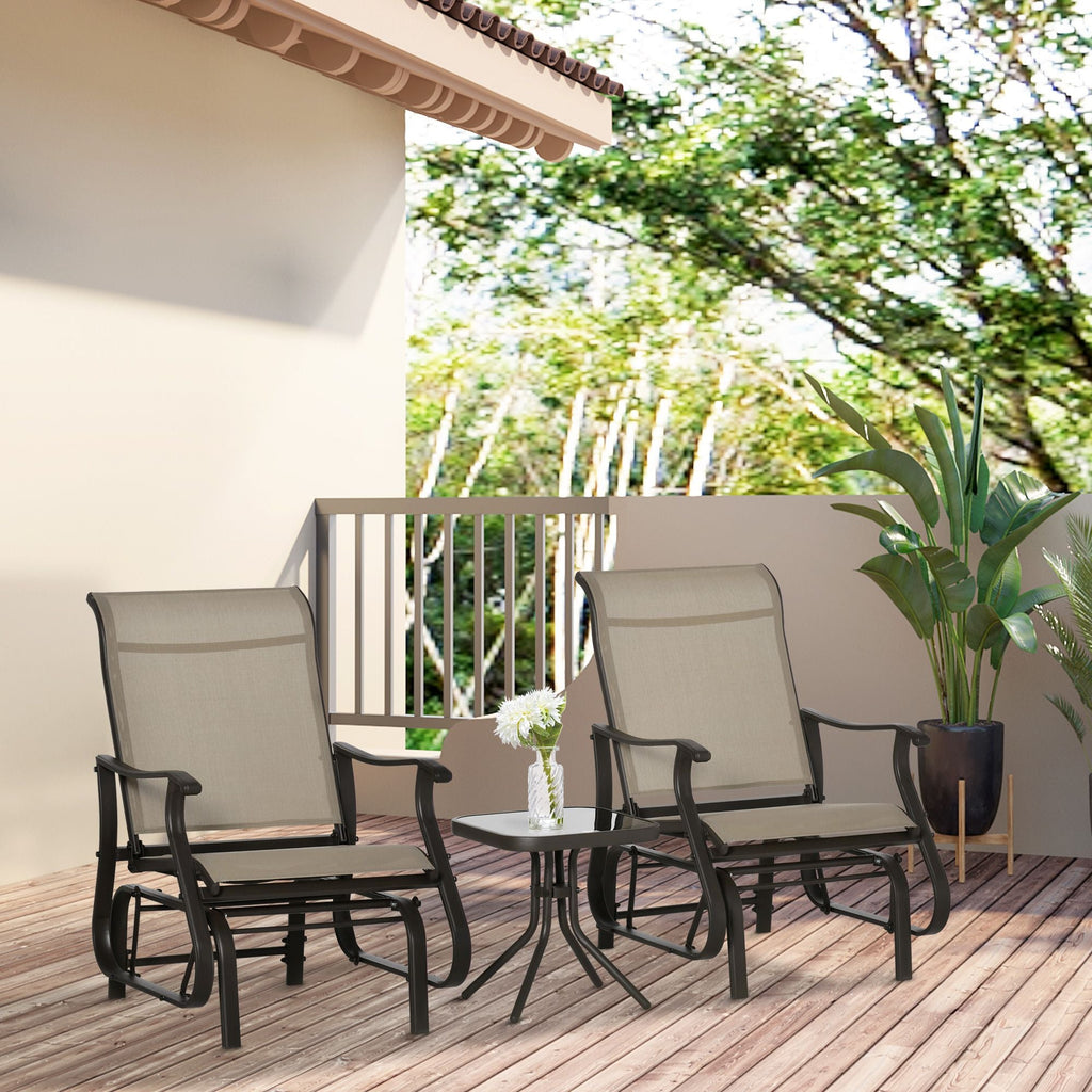 Outsunny 3-Piece Gliding Chair & Tea Table Set, Outdoor 2 Rocker Seats with Steel Frame, Tempered Glass Tabletop, Garden Patio Furniture, Grey