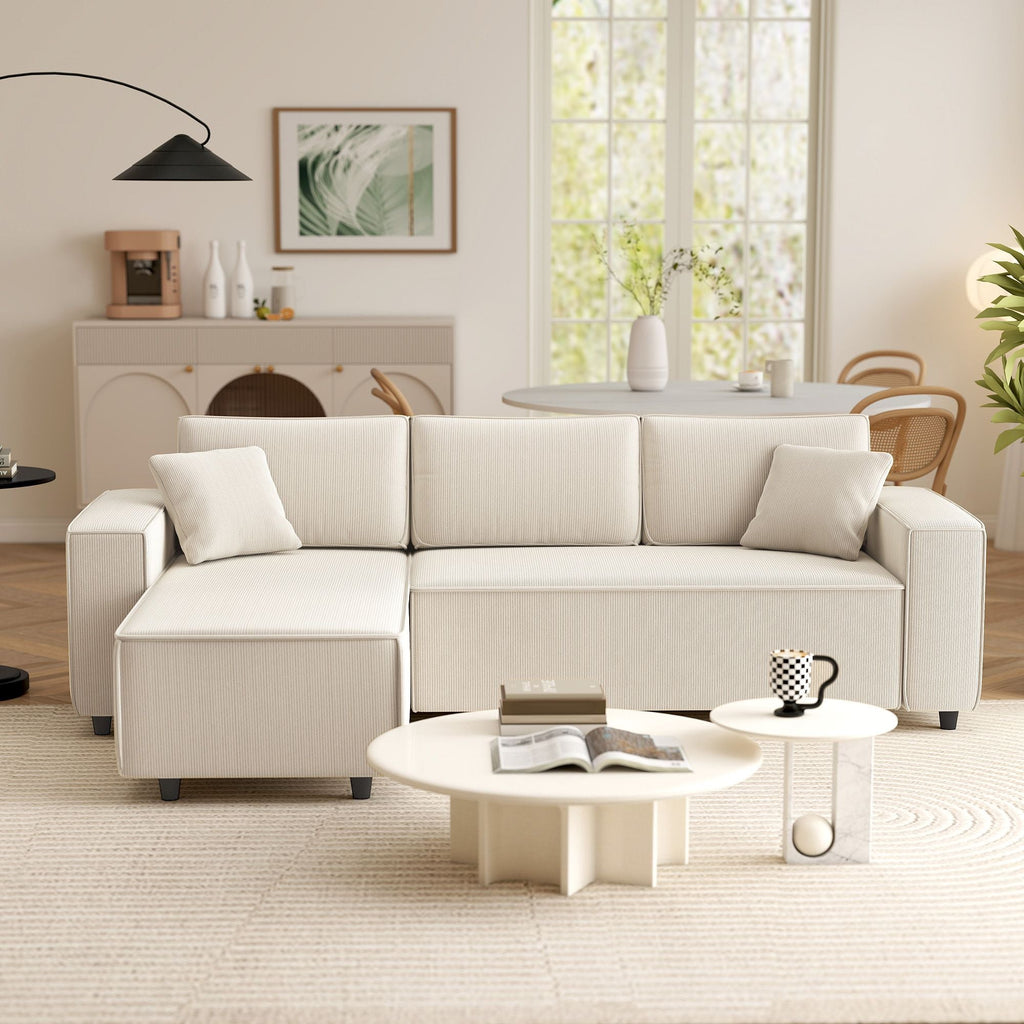 HOMCOM Corner Sofa with Reversible Chaise Lounge, Corduroy L-Shaped Sectional Sofa with Pocket Spring, Cream White