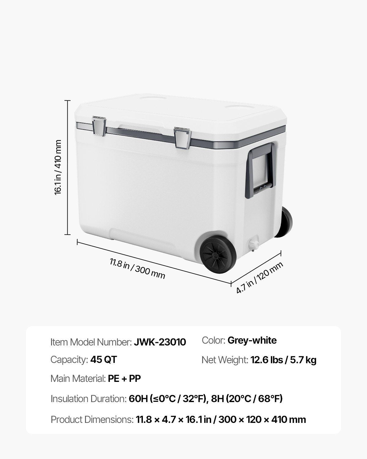 Portable Cooler 45 QT Insulated Wheeled Cooler 64 Can Capacity with Cup Holder