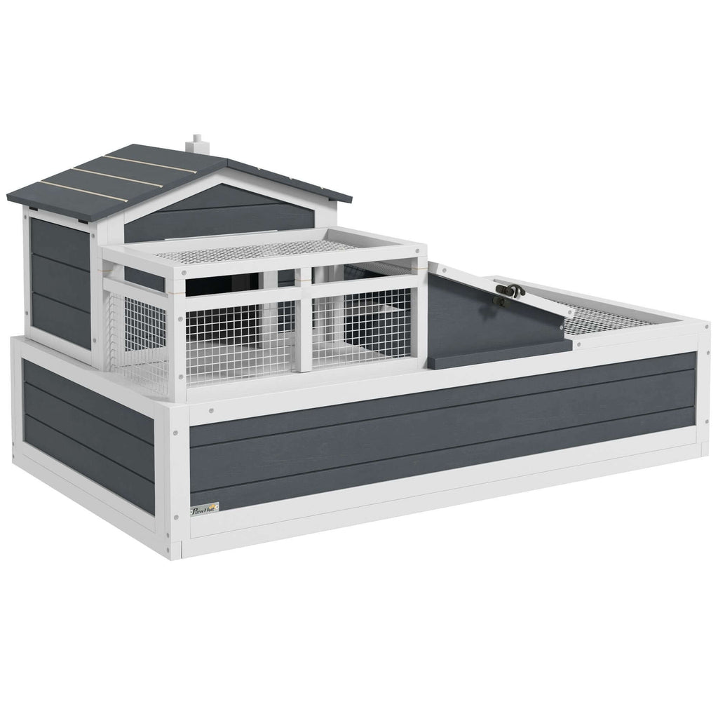 PawHut 3-Room Tortoise Habitat, Indoors & Outdoors Wooden Turtle Enclosure w/ Balcony & 2 Stories, 44" x 25.5" x 23", Gray