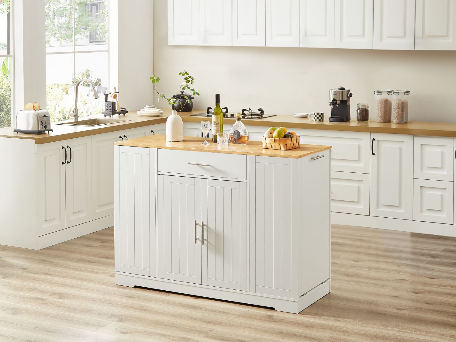 53'' Kitchen Storage Islands with Drawers and Trash Can Storage for Kitchen & Dining. Modern Farmhouse Design, White, 53.2"W x 20.9"D x 38.0"H.