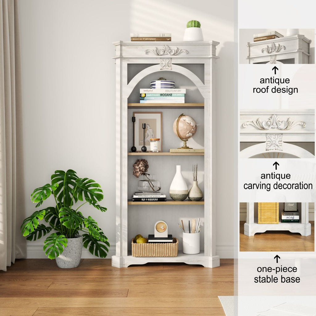 Antique 4 Tiers bookshelf,65 inch tall bookcase,tall floor standing bookcase for Home Office, Living Room, antique white