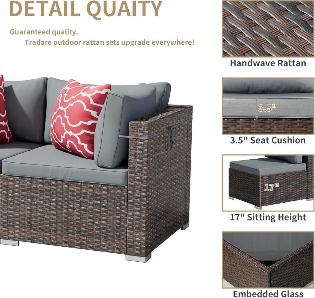 7 Pieces Outdoor Patio Furniture Set, Wicker Patio Conversation Sectional Sofa Set, All Weather PE Rattan Sofa with Glass Table and Cushions