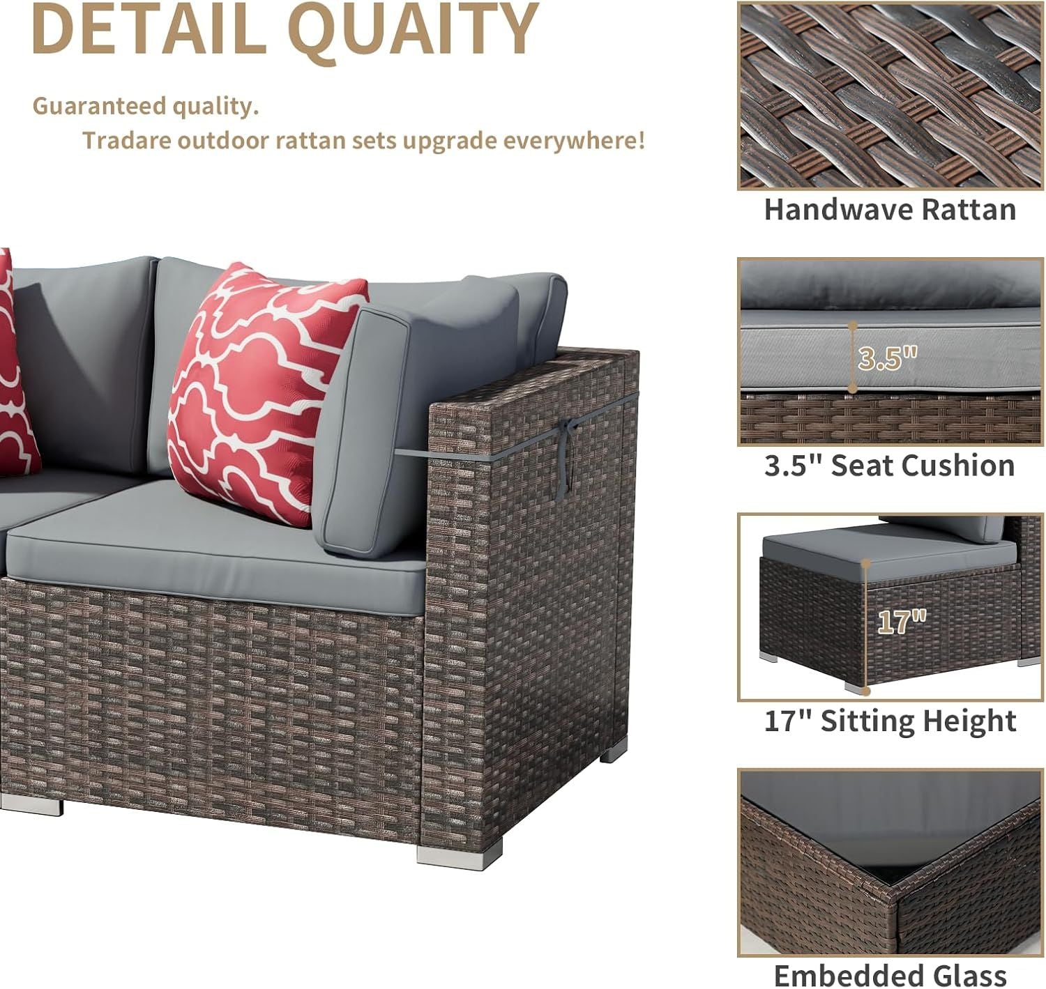 7 Pieces Outdoor Patio Furniture Set, Wicker Patio Conversation Sectional Sofa Set, All Weather PE Rattan Sofa with Glass Table and Cushions