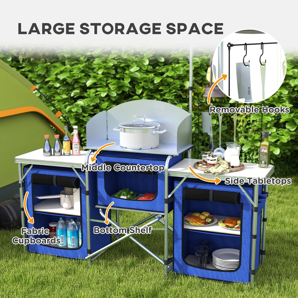 Aluminum Camping Kitchen, Portable Folding Camping Table with Fabric Cupboards, Windshield, Bag for BBQ, Picnic, Blue